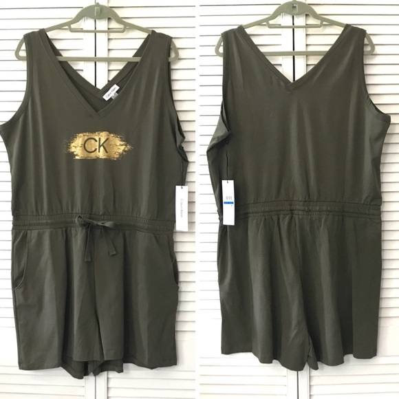 🆕 Calvin Klein Womens Sleeveless Romper XL Army Olive Green V-neck Pockets NWT - Picture 2 of 10